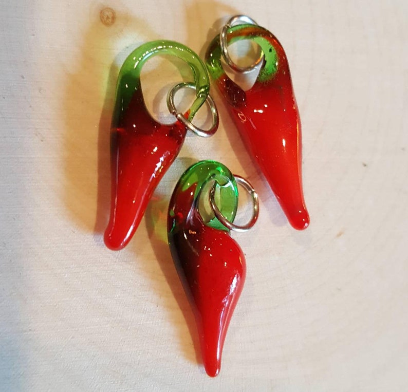 Glass Chili Pepper charms pendants, tiny 3/4 red green glass chili peppers, fall holiday chili lovers southwestern jewelry cute food charms image 1