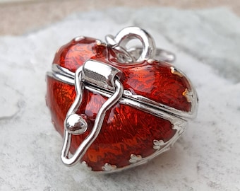 Clip on heart charm for bracelets, enamel heart charm w clasp, red heart locket pendant, unique heart pendant, romantic heart jewelry gift