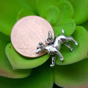 Puede incluir: Encanto de plata de un perro de pie sobre sus cuatro patas. El encanto es aproximadamente del tama&ntilde;o de una moneda de un centavo de d&oacute;lar estadounidense.
