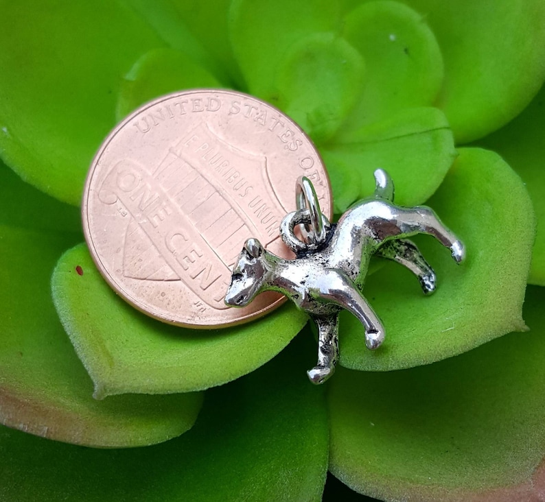 Puede incluir: Encanto de plata de un perro de pie sobre sus cuatro patas. El encanto es aproximadamente del tama&ntilde;o de una moneda de un centavo de d&oacute;lar estadounidense.
