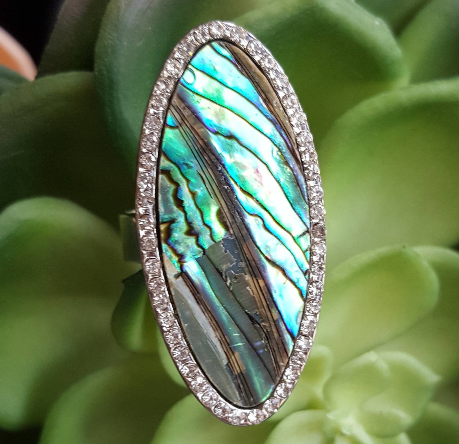 Blue Abalone Ring, Abalone Inlay Shell Ring, Pave Crystal Shell Ring ...