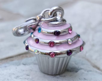 Clip on cupcake charm for bracelet necklace, enamel charm w lobster clasp, tiny pink crystal cupcake clip on charm, tiny cupcake pendant