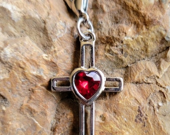 Clip on silver cross charm with red crystal heart, sacred heart cross pendant, silver cross with heart, Christian cross mother's day gift