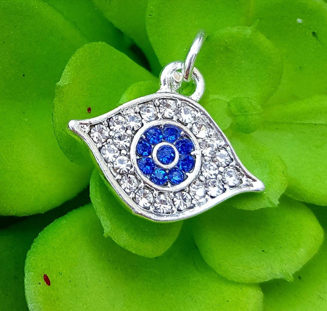 Sparkly Crystal Evil Eye Charm, Sparkly Silver Blue Pave