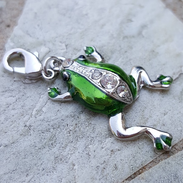 Sparkly frog charm, clip on charm for bracelets necklaces, frog charm w lobster clasp, pave crystal green frog pendant, crystal frog jewelry