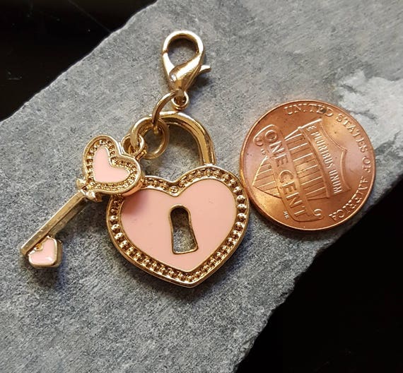 Clip on Heart Charm, Charms W Lobster Clasp, Gold Pink Heart