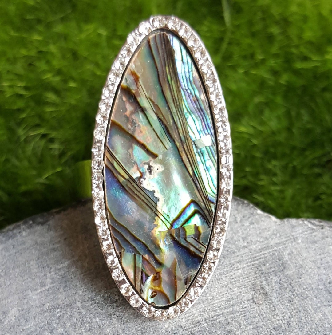 Blue Abalone Ring Abalone Inlay Shell Ring Pave Crystal Etsy