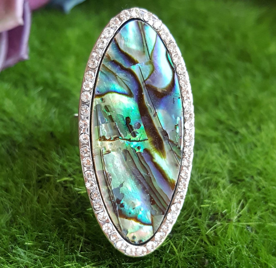 Blue Abalone Ring, Abalone Inlay Shell Ring, Pave Crystal Shell Ring ...