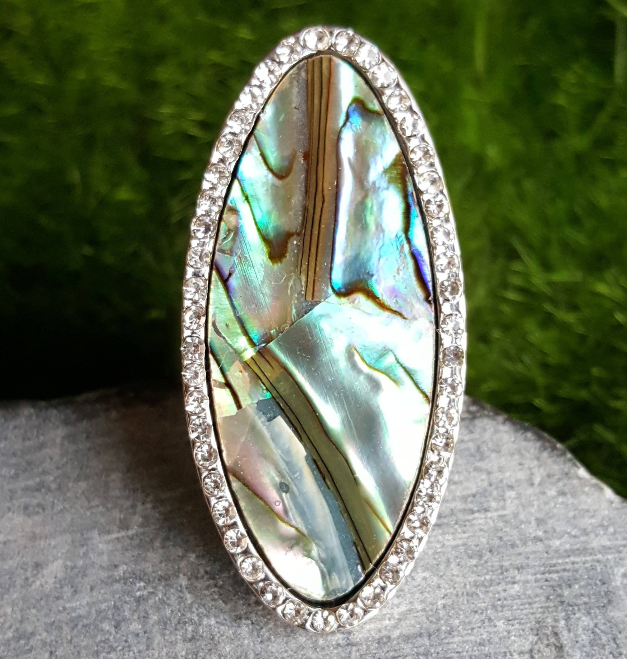 Blue Abalone Ring, Abalone Inlay Shell Ring, Pave Crystal Shell Ring ...