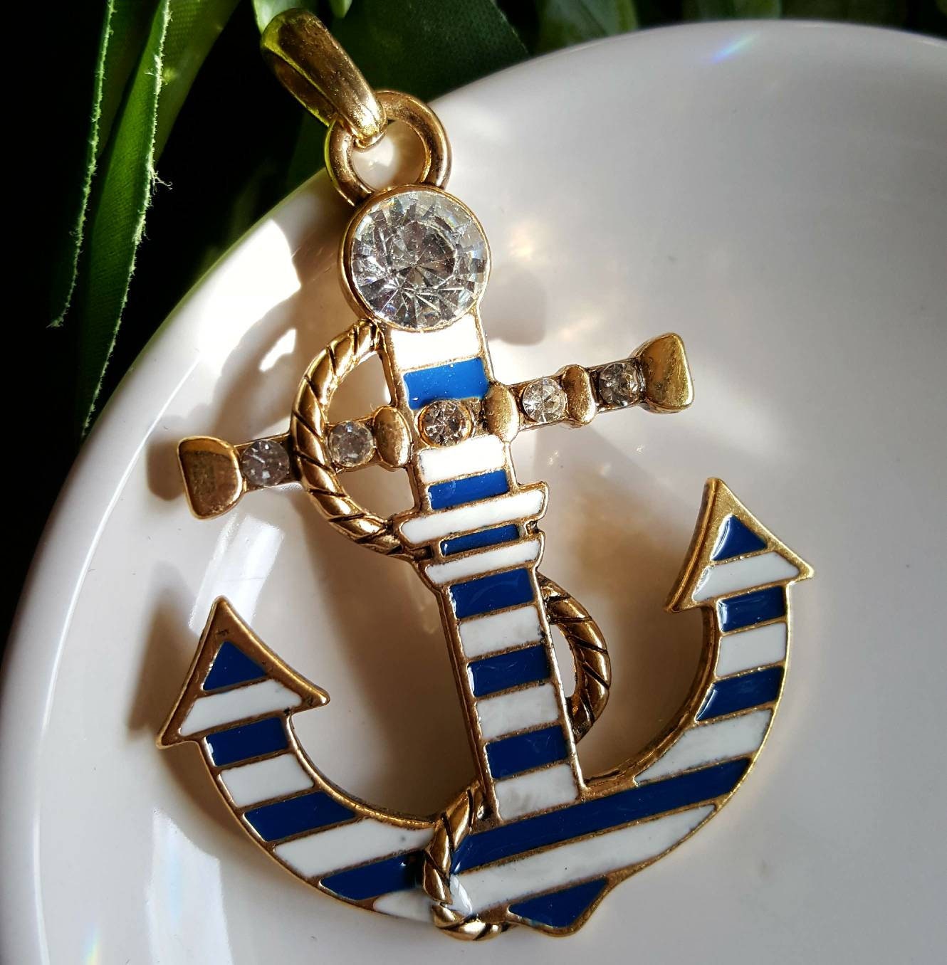 Vintage Anchor Pendant Crystal Anchor Pendant Gold Blue Etsy