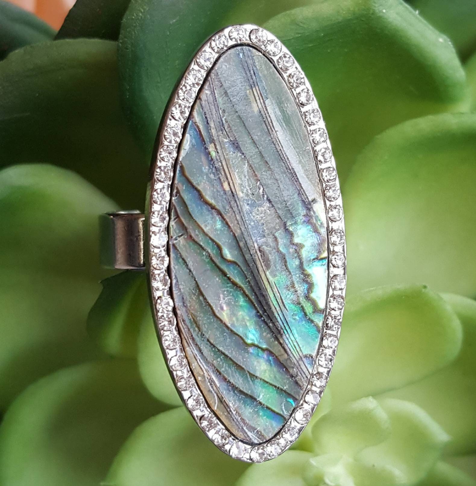 Blue Abalone Ring Abalone Inlay Shell Ring Pave Crystal | Etsy
