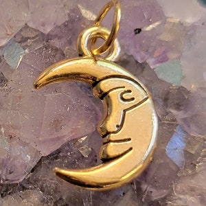 Gold crescent moon charm, gold crescent moon pendant, moon jewelry, gold moon charm for bracelets, celestial charms, man in the moon charm