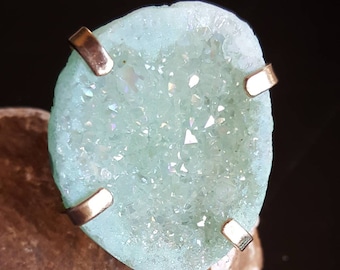 Mint green geode ring, mint green druzy ring, green crystal ring, adjustable silver ring, sparkly green ring, natural light green stone ring