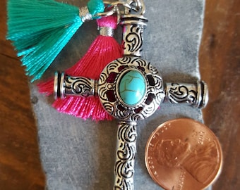 Colorful silver cross pendant, large turquoise cross with tassels, engraved cross, southwestern cross, decorative Christian religious gift