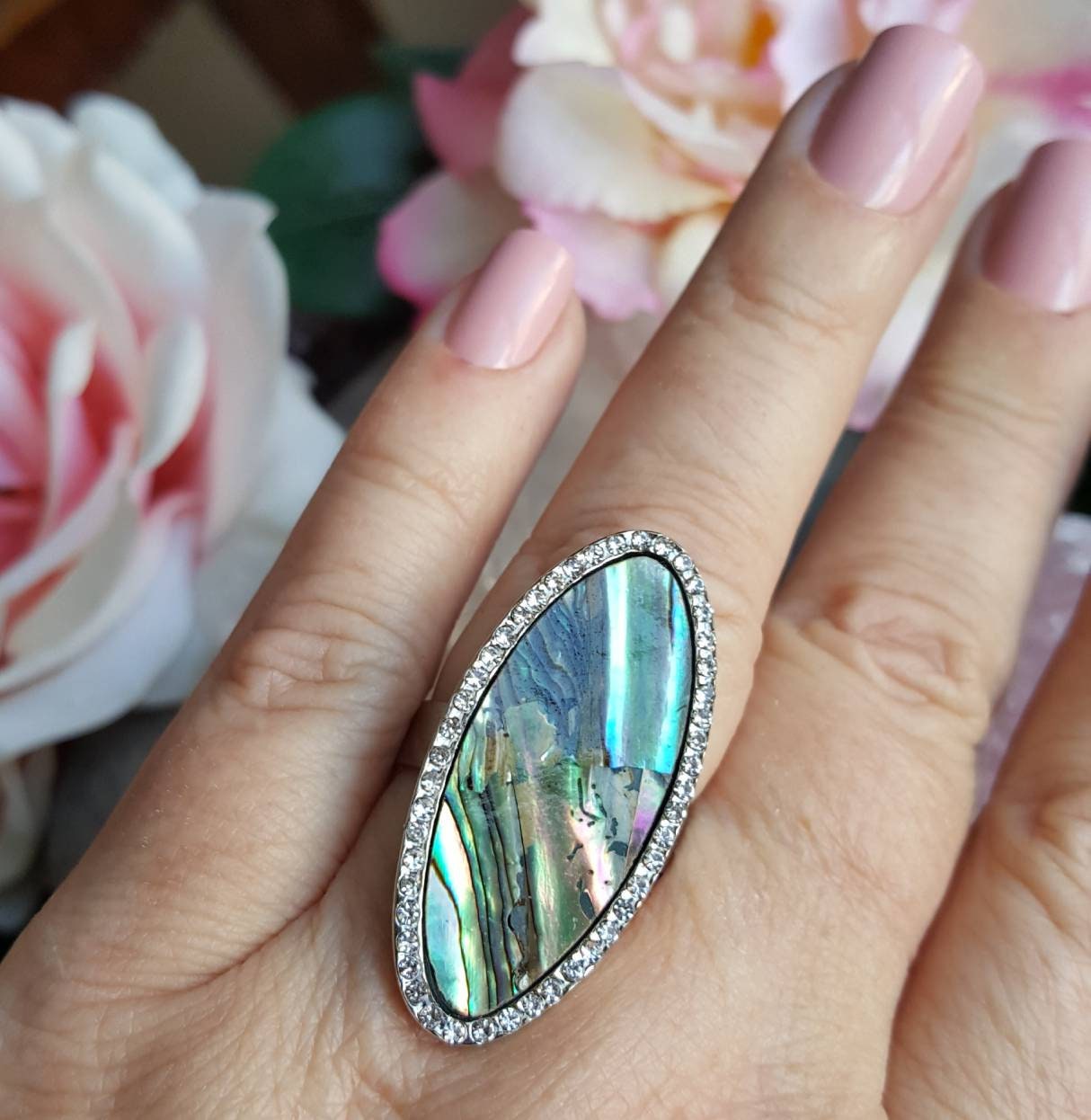 Blue Abalone Ring, Abalone Inlay Shell Ring, Pave Crystal Shell Ring ...