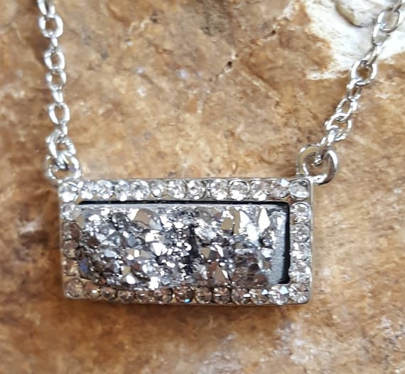Mother's day jewelry gift druzy necklace, silver druzy pendant, pave crystal druzy jewelry, silver druzy bar pendant, jewelry gift for mom