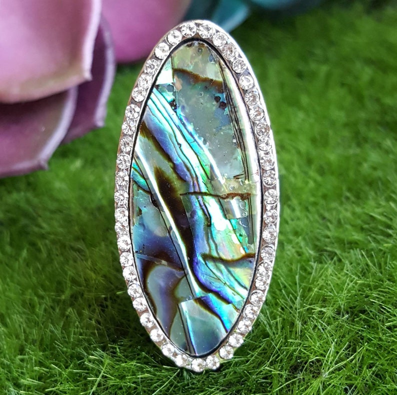 Blue Abalone Ring Abalone Inlay Shell Ring Pave Crystal - Etsy