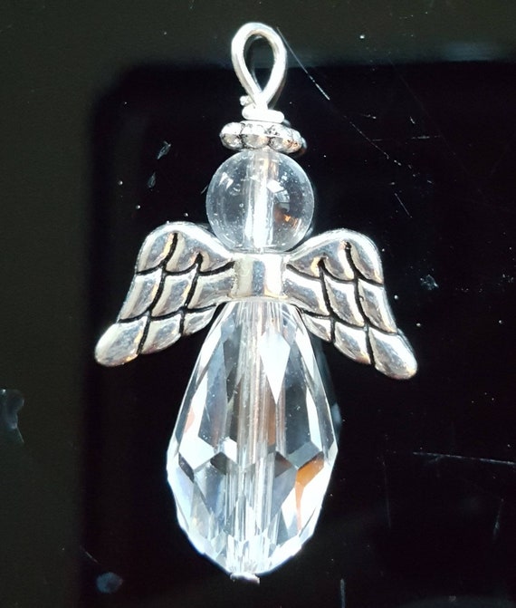 Silver Angel Charm, Clear Beaded Angel, Clear Crystal Angel