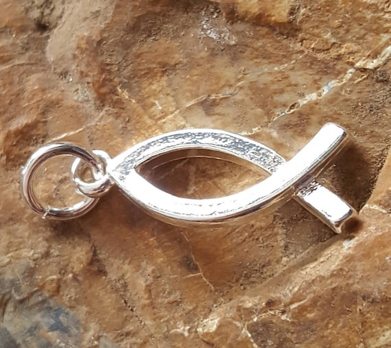 Silver Ichthys fish charm, silver Ichthys fish pendant, religious spiritual faith charm, silver fish charm, born again Christian jewelry