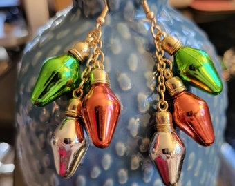 Holiday party earrings, christmas earrings festive mini christmas tree light earrings, red green earrings, Christmas light bulb earrings