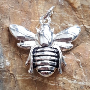May include: Silver bee charm with a textured finish. The bee has a detailed body with segmented stripes and a loop for attaching to a necklace or bracelet.