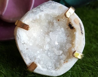 White geode ring, white druzy ring, white crystal ring, adjustable silver ring, raw white stone ring, big sparkly white stone cocktail ring