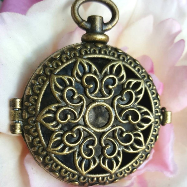 Antique brass pocket watch locket pendant for necklaces, large vintage locket, round locket, engraved locket for photos trinkets keepsakes