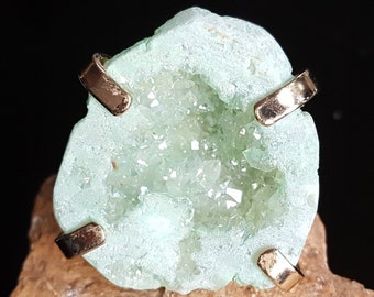 Mint green geode ring, mint green druzy ring, green crystal ring, adjustable silver ring, sparkly green ring, natural light green stone ring