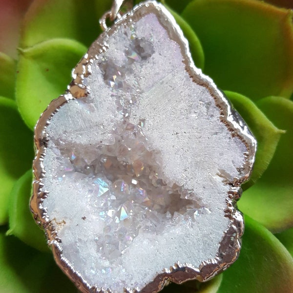 White druzy pendant, white crystal pendant, white geode pendant, sparkly white focal pendant, silver plated geode, white pendant white stone