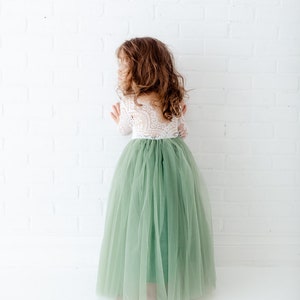 Sage Green Flower Girl Dress, Long Sleeve White Lace Gown, Mint Tulle Floor Length Wedding Dress for Girls
