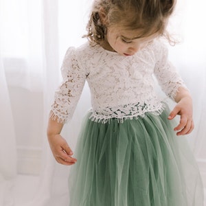 Moss Green Tulle Two Piece Skirt, Sage Tulle Dress, Romantic White Lace Flower Girl Dress, Fairy Dress