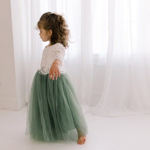 Sage Green Tulle Two Piece Tutu Skirt, White Lace Flower Girl Dress, Boho Beach Moss Wedding