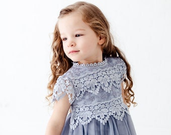 Dusty Blue Bohemian Flower Girl Dress, Rustic Smoke Blue Tulle Wedding Dress for Girls, Will You Be My Flower Girl Gift, Steel Blue Outfit