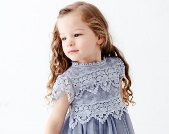 Boho Dusty Blue Flower Girl Dress, Rustic Smoke Blue Tulle, Will You Be My Flower Girl Proposal, Bohemian Gray  Dresses, Steel Blue