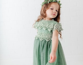 Mint Green Lace Flower Girl Dress, Romantic Moss Toddler Tulle Wedding Gown, Sage Rustic Crochet Bohemian, Eucalyptus