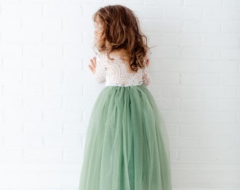 Abito da damigella d'onore verde salvia, abito in pizzo bianco a maniche lunghe, abito da sposa lungo in tulle color menta per bambine