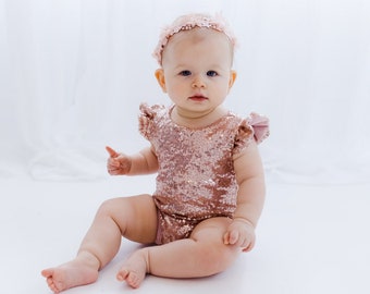 Elise- Rose Gold Sequin Leotard, Blush Pink Jumpsuit, Birthday Girl Smash Cake Outfit, Toddler Girls Clothes
