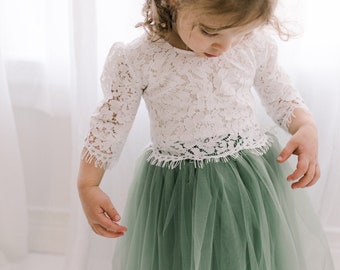 Moss Green Tulle Two Piece Skirt, Sage Tulle Dress, Romantic White Lace Flower Girl Dress, Fairy Dress