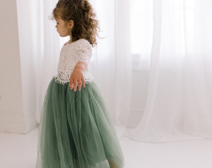 Sage Green Tulle Two Piece Tutu Skirt, White Lace Flower Girl Dress, Boho Beach Moss Wedding