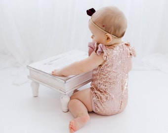 Elise- Rose Gold Sequin Leotard, First Birthday Dress, Cake Smash Outfit, Dance Outfit, Blush Pink Iridescent Jumper