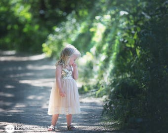 Champagne Tulle Flower Girl Dress, Romantic Gold Sequin Floor Length Wedding Gown, Bohemian Beige Ivory, Boho Chic Beach Lace