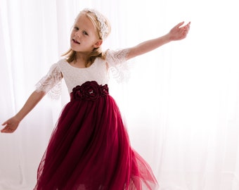 White Lace Flower Girl Dress, Burgundy Tulle, Cap Sleeve Wine Floor Length, Ball Gown, Boho Chic, Couture, Floral Toddler Girls