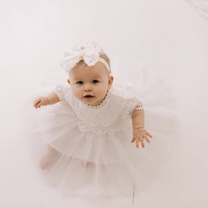 Lace Christening Gown, White Baptism Dress, White Flower Girl Dress, Boho Linen Christening Dress image 2