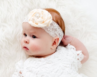 Cream White Lace Flower Girl Headband, Wedding Headpiece, Flower, Pearl Headband, Women's Headband, Wedding Accessories, Ivory Champagne