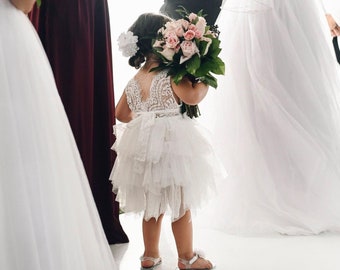 White Lace Flower Girl Dress, Romantic Tulle Wedding Gown, Boho Beach Wedding Dress