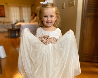 Boho Ivory Flower Girl Dress, Simple Ball Gown, White Lace Floor Length Dresses