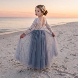 Dusty Blue Flower Girl Dress with White Lace, Long Sleeve Wedding Dress for Girls, Romantic Gray Junior Bridesmaid Gown image 1