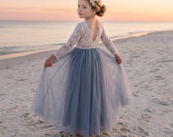 Dusty Blue Flower Girl Dress with White Lace, Long Sleeve Wedding Dress for Girls, Romantic Gray Junior Bridesmaid Gown
