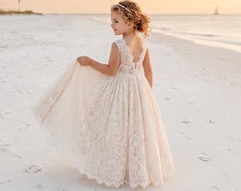Ivory Boho Flower Girl Dress, Rustic Lace Junior Bridesmaid Dress, Proposal Dress for Flower Girl, Will You Be My Flower Girl Outfit