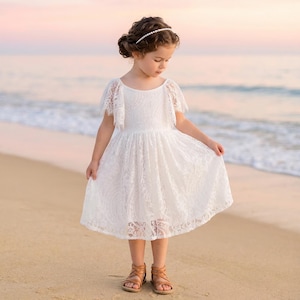 White Lace Flower Girl Dress, Boho Tulle Wedding Dress for Infant Girl, Bohemian Beach Junior Bridesmaid Gown image 1